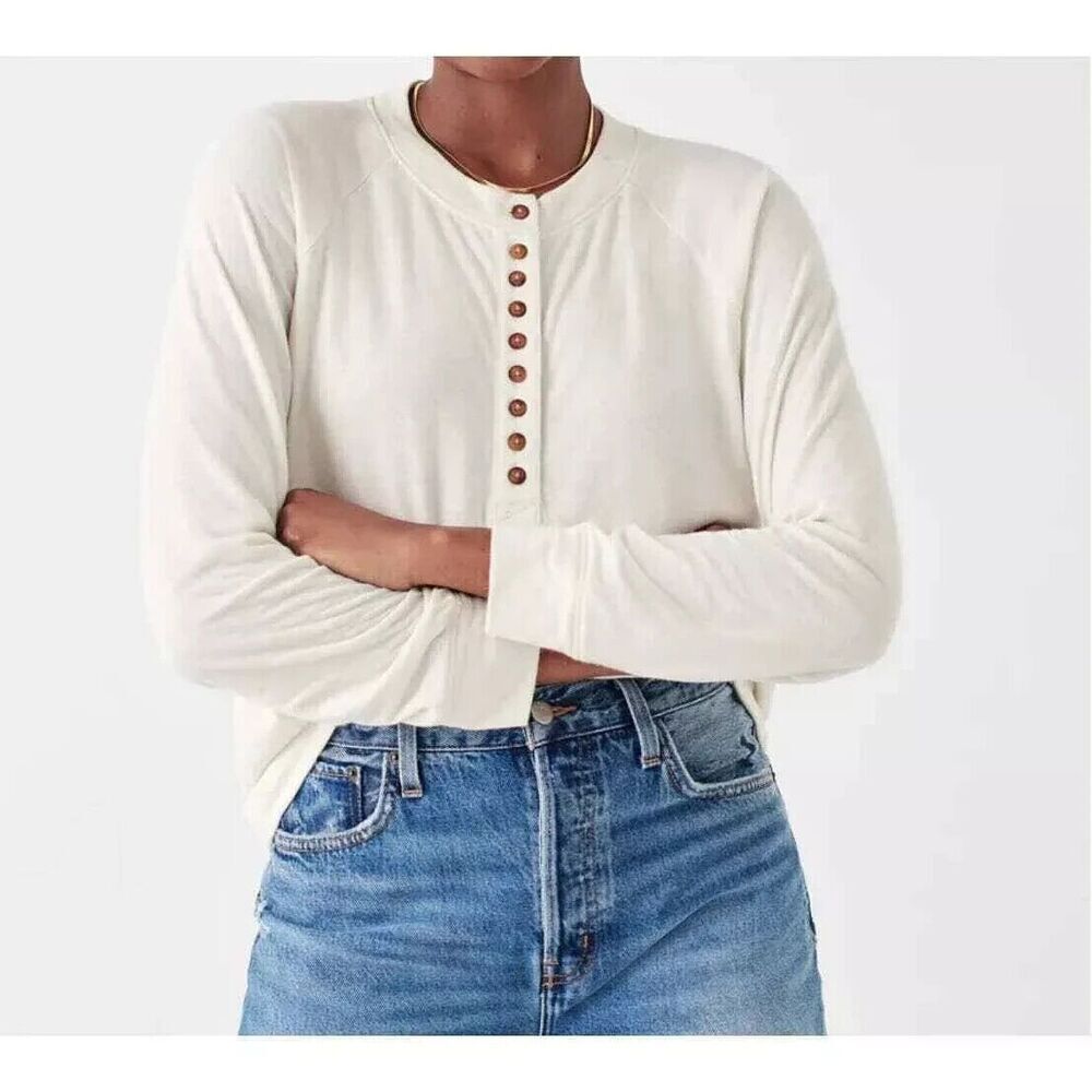Faherty Large Cloud Cotton Henley Top Partial Button Long Sleeve Womens
